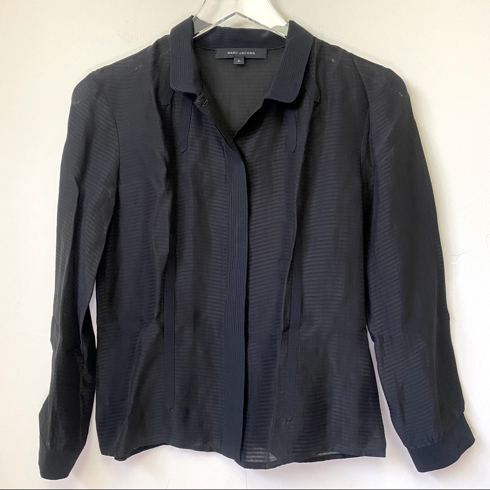 MARC JACOBS Semi Sheer Blouse button down shirt top stripe black 2
